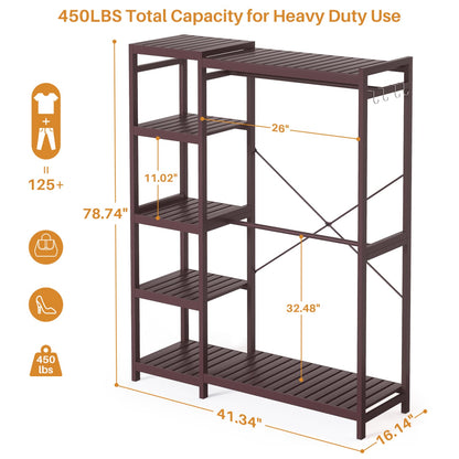 41-In Bamboo Garment Rack with Tower Shelves, Freestanding Closet Organizer with Hanging Rods
