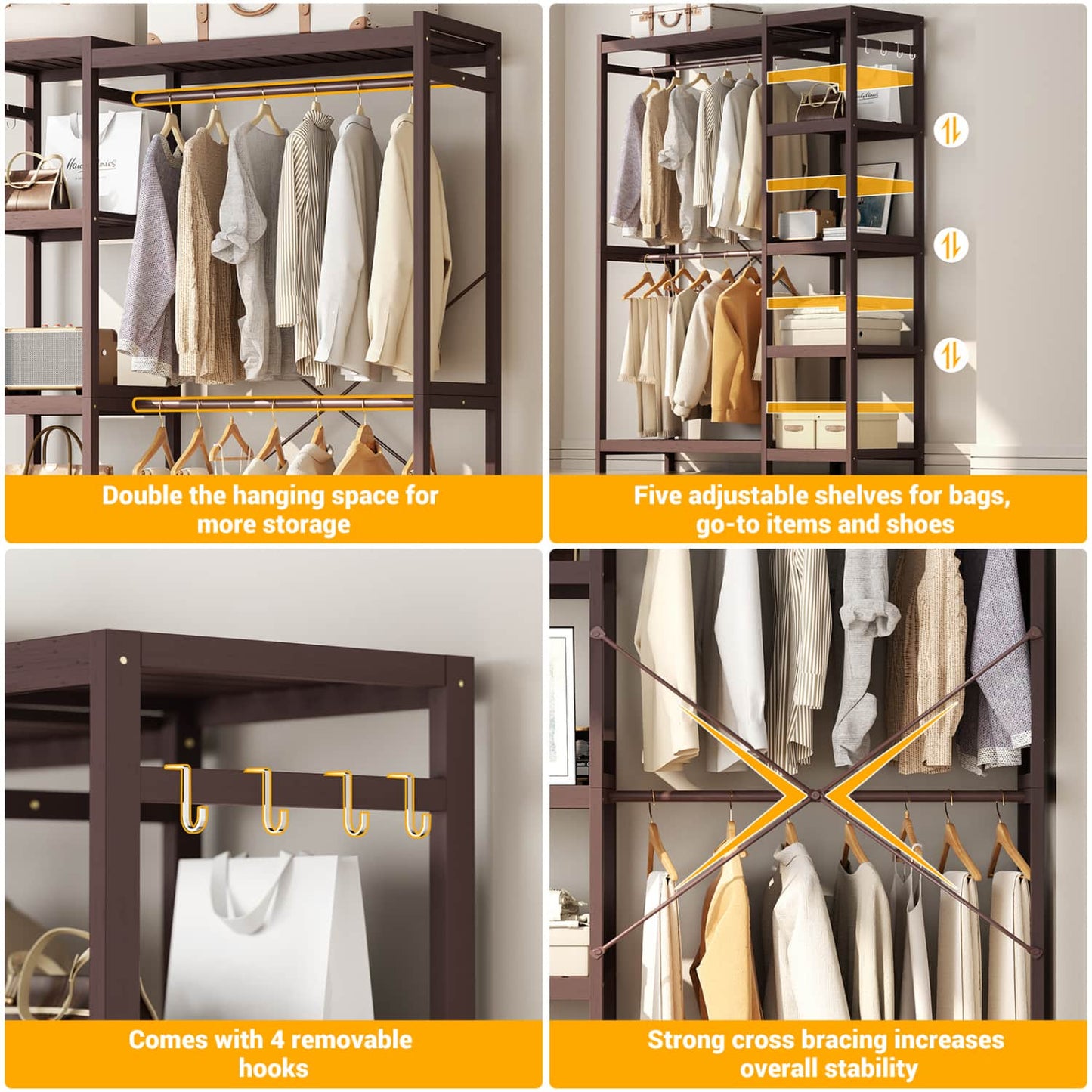 41-In Bamboo Garment Rack with Tower Shelves, Freestanding Closet Organizer with Hanging Rods