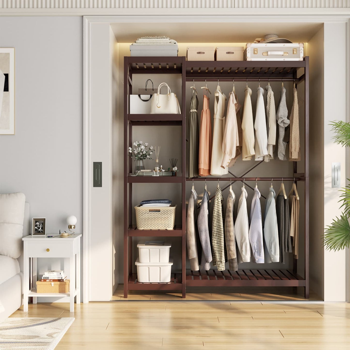 41-In Bamboo Garment Rack with Tower Shelves, Freestanding Closet Organizer with Hanging Rods