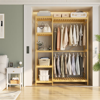41-In Bamboo Garment Rack with Tower Shelves, Freestanding Closet Organizer with Hanging Rods