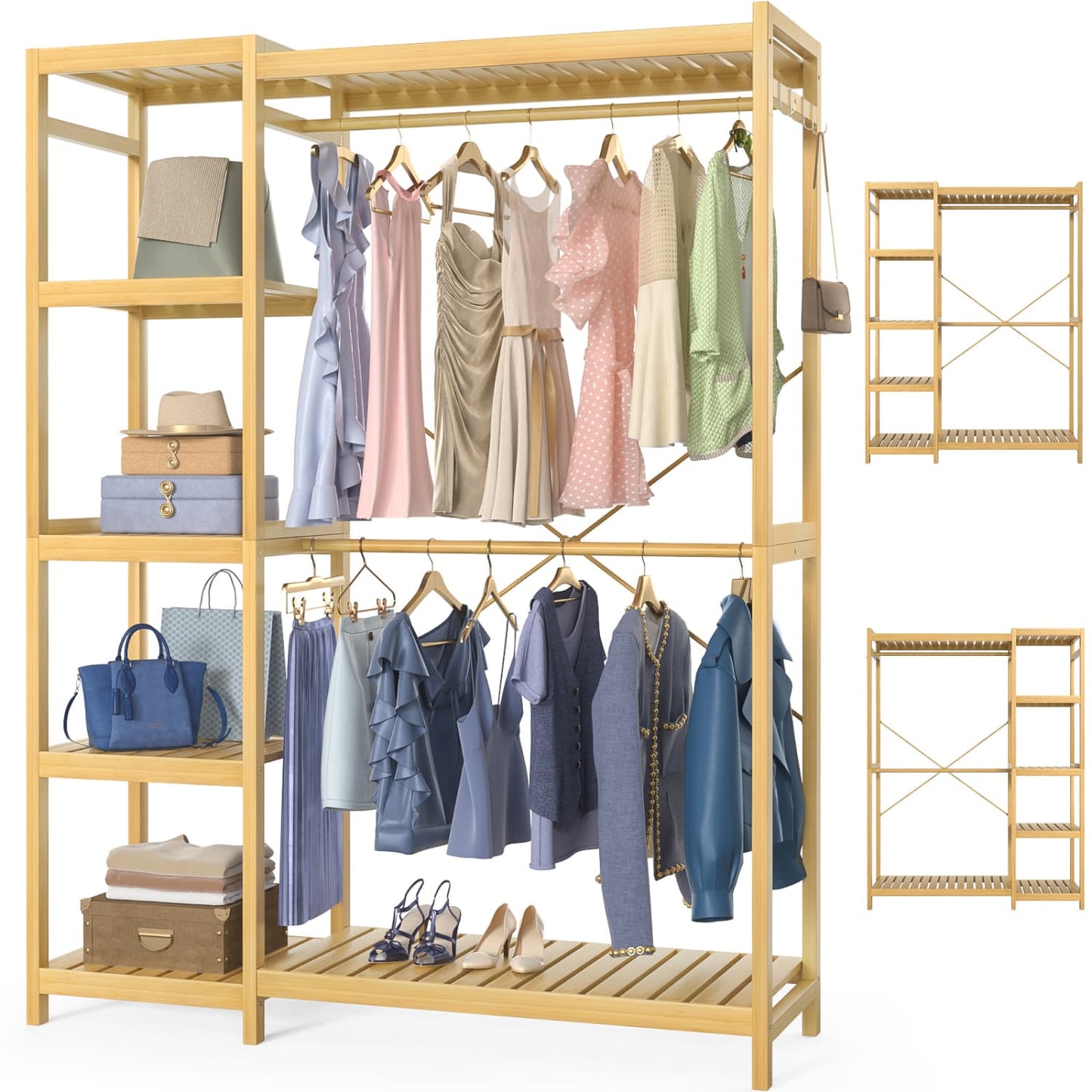 41-In Bamboo Garment Rack with Tower Shelves, Freestanding Closet Organizer with Hanging Rods