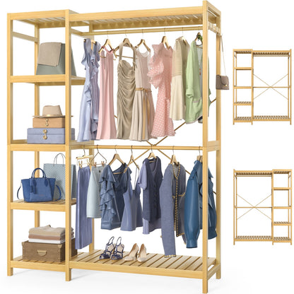 41-In Bamboo Garment Rack with Tower Shelves, Freestanding Closet Organizer with Hanging Rods