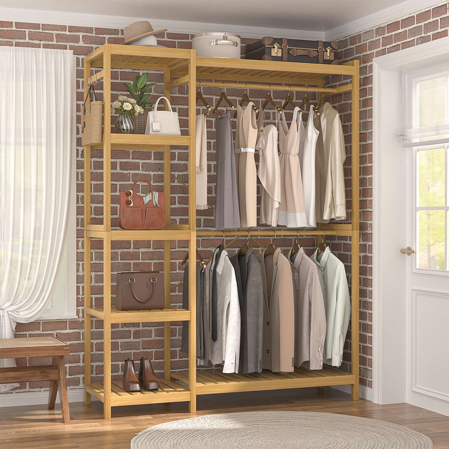 41-In Bamboo Garment Rack with Tower Shelves, Freestanding Closet Organizer with Hanging Rods