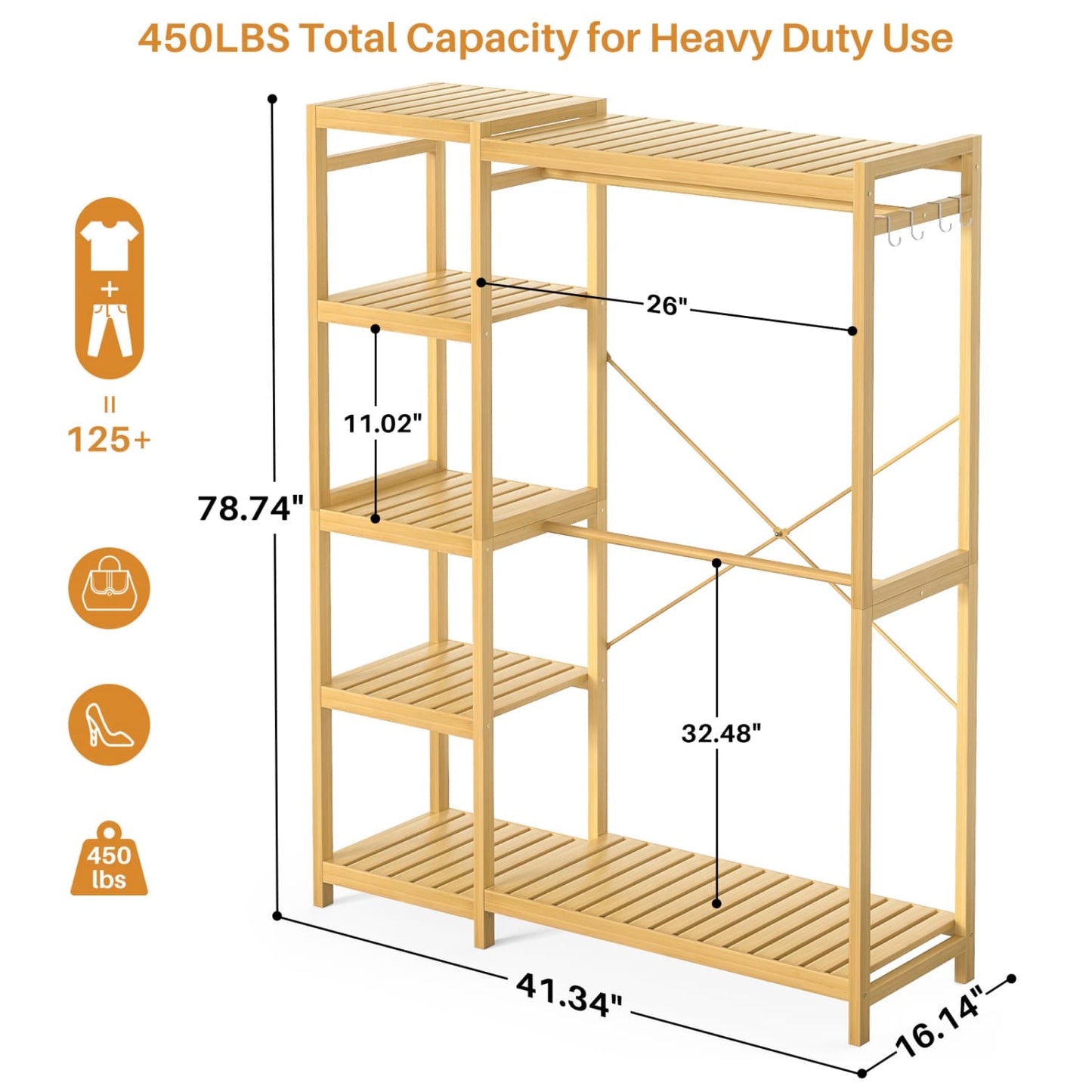 41-In Bamboo Garment Rack with Tower Shelves, Freestanding Closet Organizer with Hanging Rods