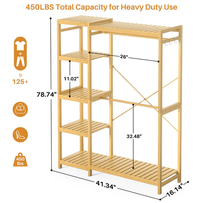 41-In Bamboo Garment Rack with Tower Shelves, Freestanding Closet Organizer with Hanging Rods