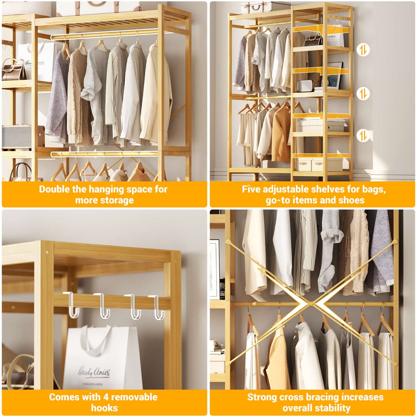 41-In Bamboo Garment Rack with Tower Shelves, Freestanding Closet Organizer with Hanging Rods