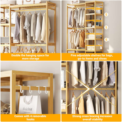 41-In Bamboo Garment Rack with Tower Shelves, Freestanding Closet Organizer with Hanging Rods