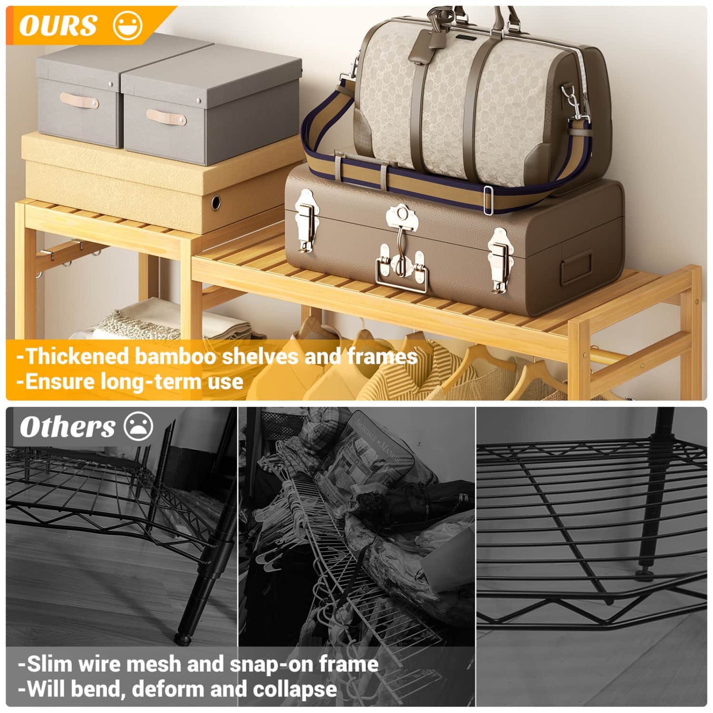 41-In Bamboo Garment Rack with Tower Shelves, Freestanding Closet Organizer with Hanging Rods