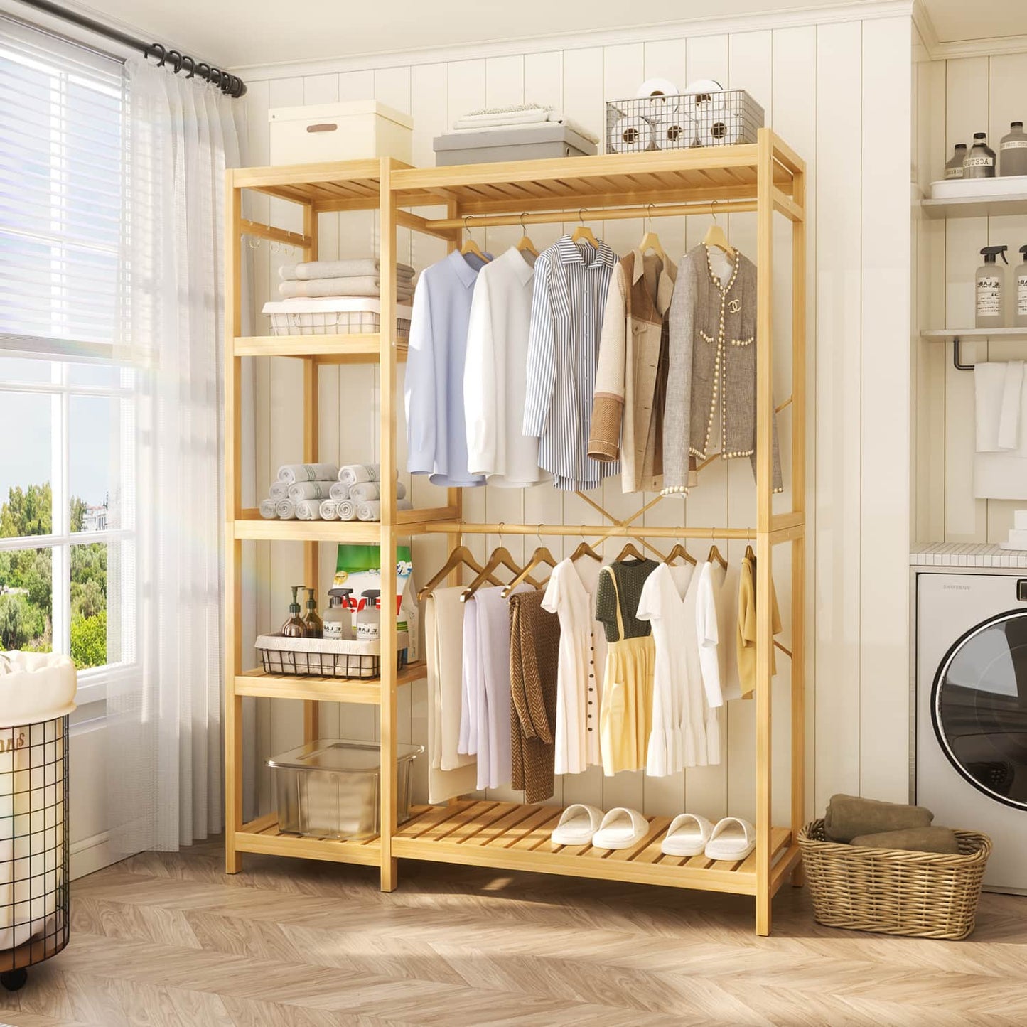 41-In Bamboo Garment Rack with Tower Shelves, Freestanding Closet Organizer with Hanging Rods