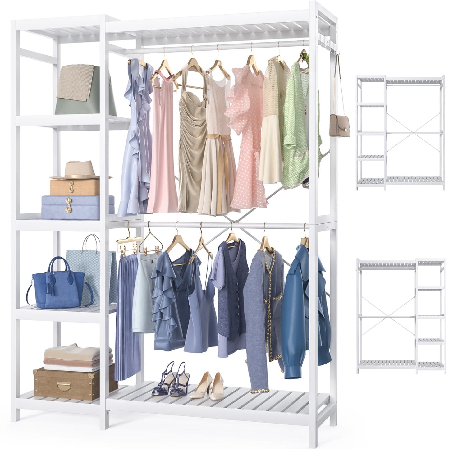 41-In Bamboo Garment Rack with Tower Shelves, Freestanding Closet Organizer with Hanging Rods