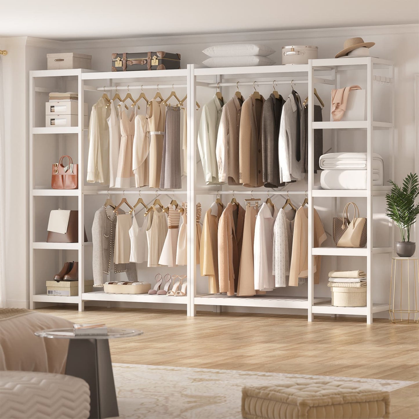41-In Bamboo Garment Rack with Tower Shelves, Freestanding Closet Organizer with Hanging Rods