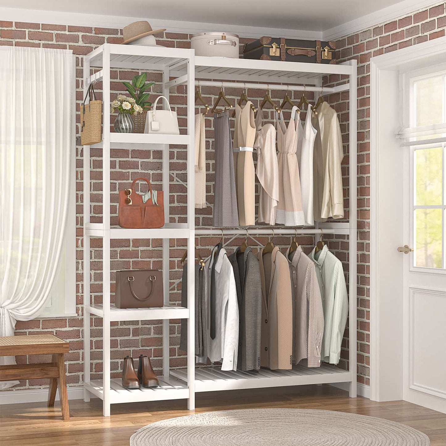 41-In Bamboo Garment Rack with Tower Shelves, Freestanding Closet Organizer with Hanging Rods
