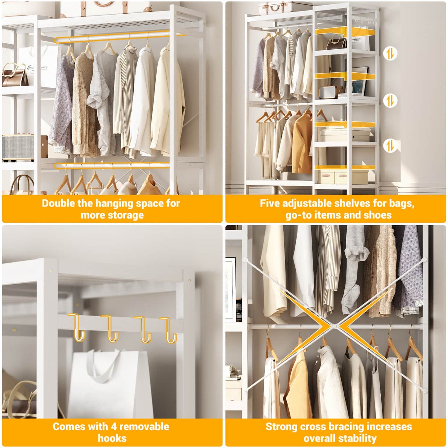 41-In Bamboo Garment Rack with Tower Shelves, Freestanding Closet Organizer with Hanging Rods