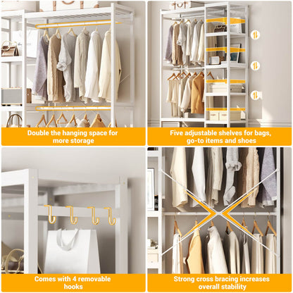 41-In Bamboo Garment Rack with Tower Shelves, Freestanding Closet Organizer with Hanging Rods