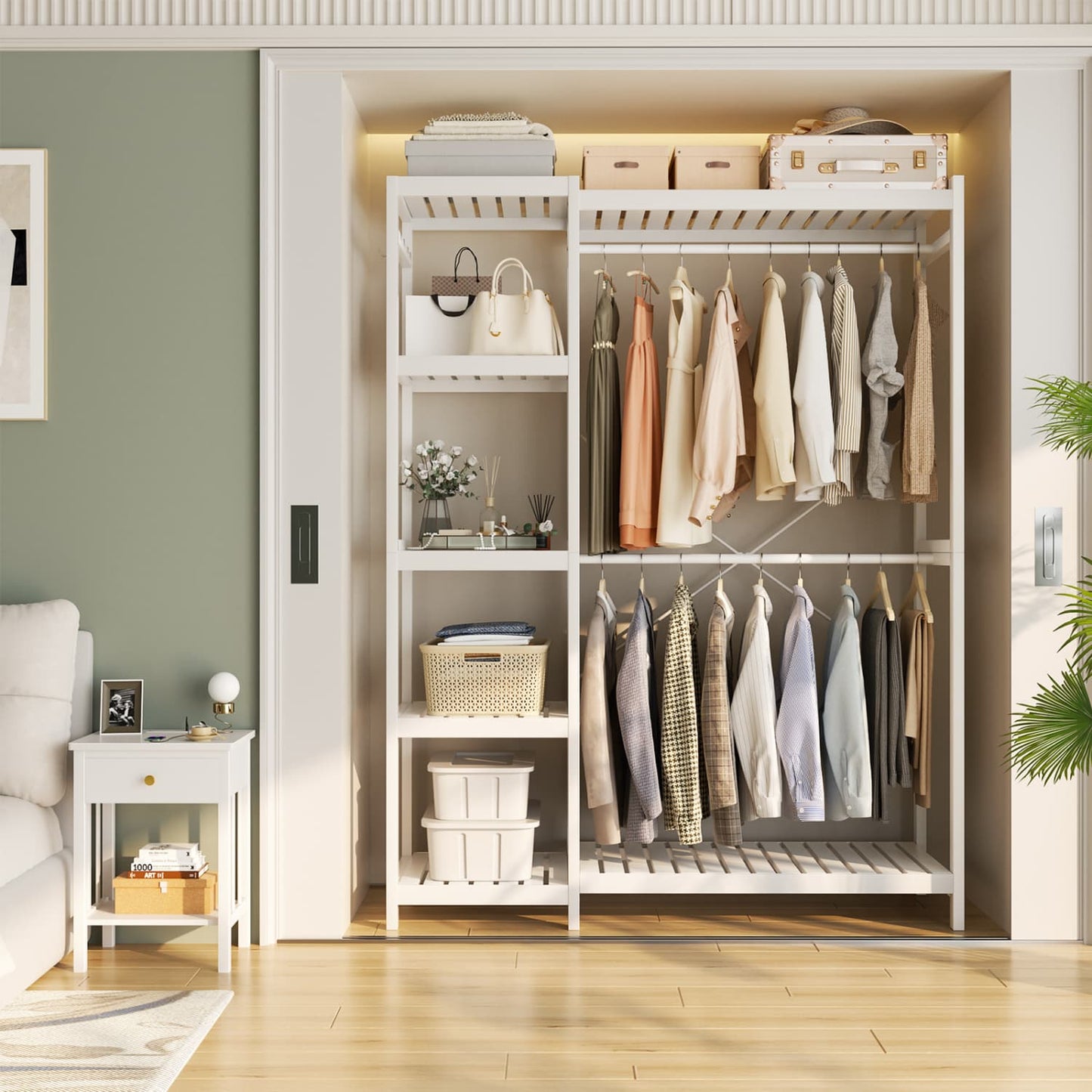 41-In Bamboo Garment Rack with Tower Shelves, Freestanding Closet Organizer with Hanging Rods