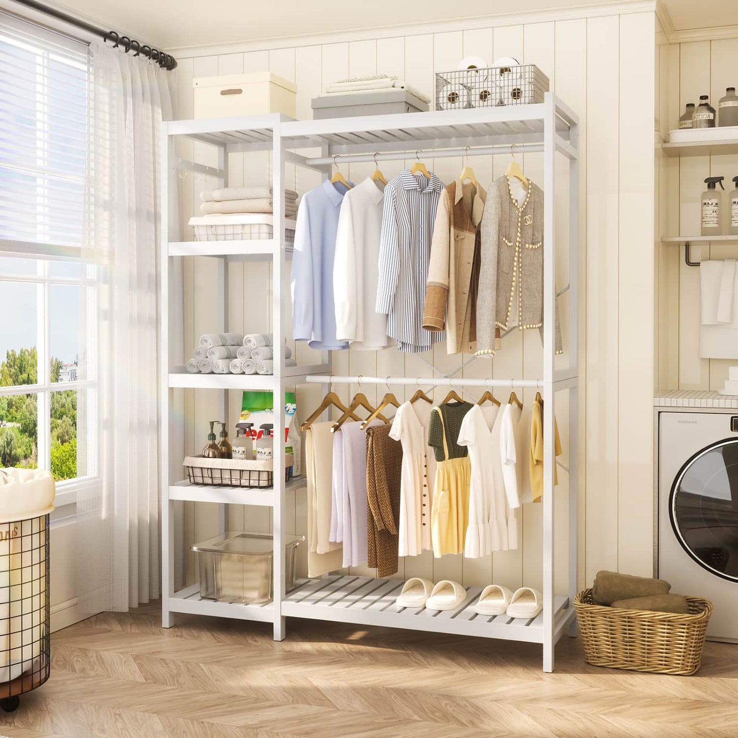 41-In Bamboo Garment Rack with Tower Shelves, Freestanding Closet Organizer with Hanging Rods