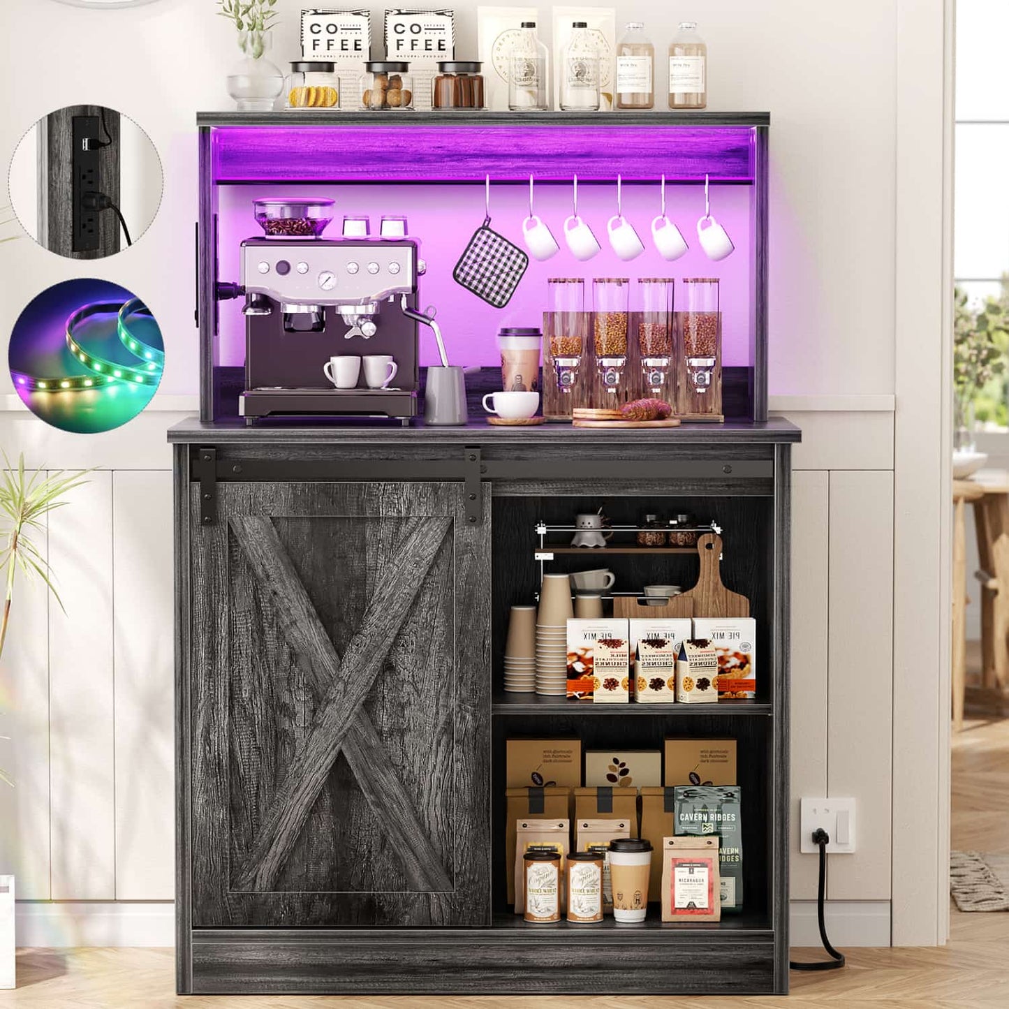 Kitchen Storage Cabinet with Charging Station, Farmhouse Coffee Bar Cabinet with Bar Door
