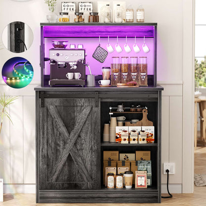Kitchen Storage Cabinet with Charging Station, Farmhouse Coffee Bar Cabinet with Bar Door