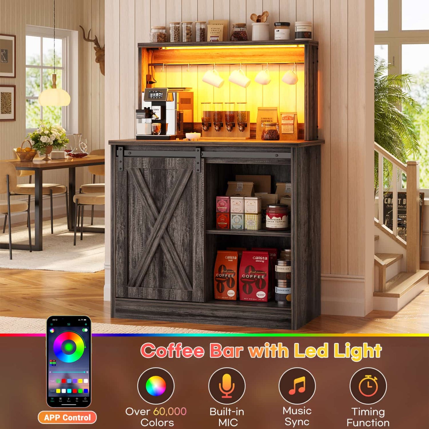 Kitchen Storage Cabinet with Charging Station, Farmhouse Coffee Bar Cabinet with Bar Door