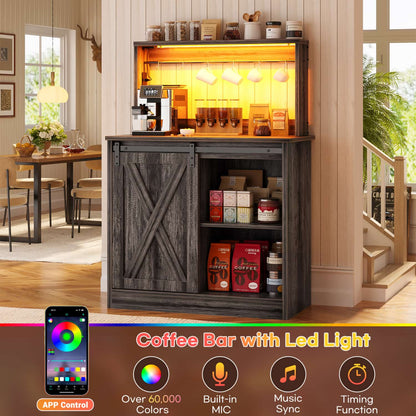 Kitchen Storage Cabinet with Charging Station, Farmhouse Coffee Bar Cabinet with Bar Door