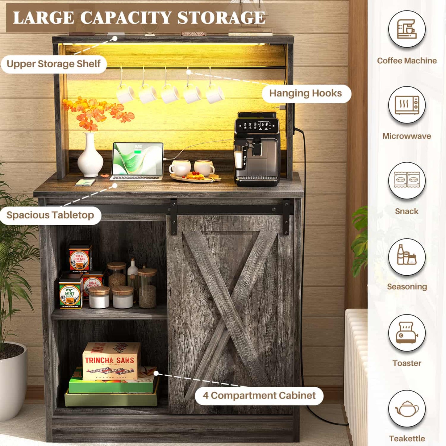 Kitchen Storage Cabinet with Charging Station, Farmhouse Coffee Bar Cabinet with Bar Door