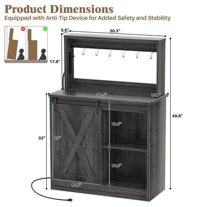 Kitchen Storage Cabinet with Charging Station, Farmhouse Coffee Bar Cabinet with Bar Door