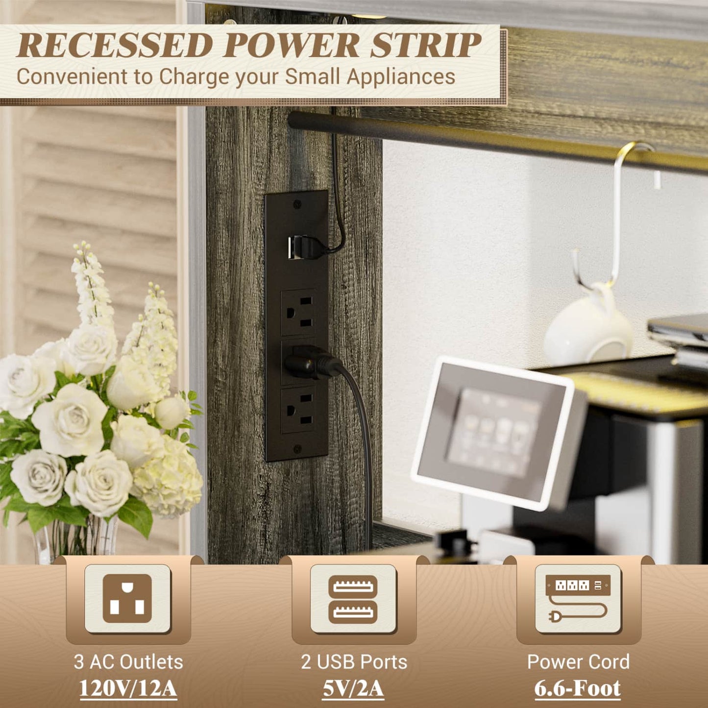 Kitchen Storage Cabinet with Charging Station, Farmhouse Coffee Bar Cabinet with Bar Door