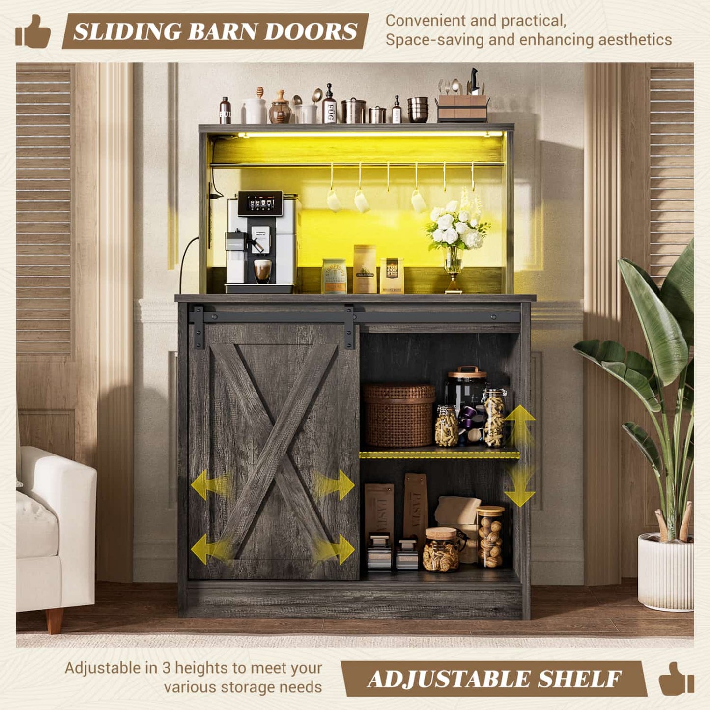 Kitchen Storage Cabinet with Charging Station, Farmhouse Coffee Bar Cabinet with Bar Door