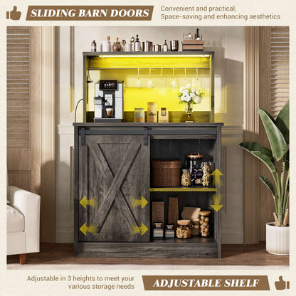 Kitchen Storage Cabinet with Charging Station, Farmhouse Coffee Bar Cabinet with Bar Door