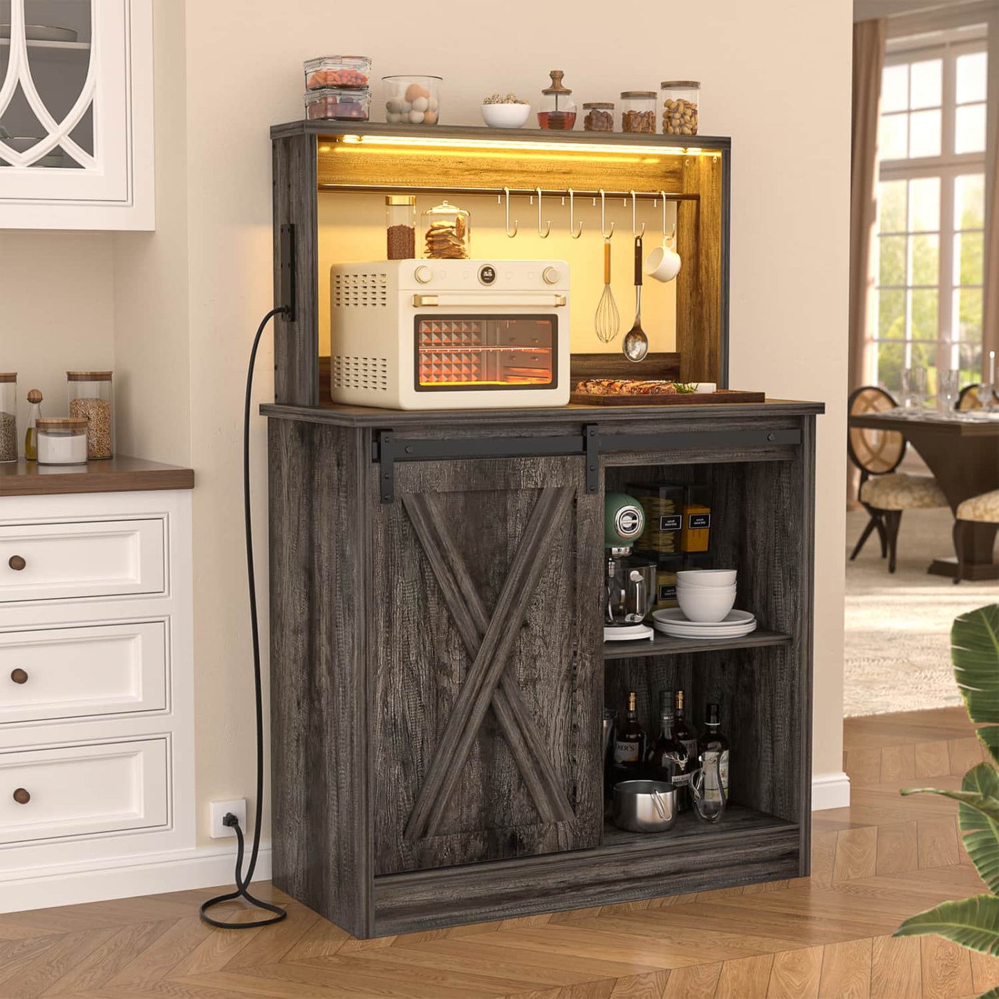 Kitchen Storage Cabinet with Charging Station, Farmhouse Coffee Bar Cabinet with Bar Door