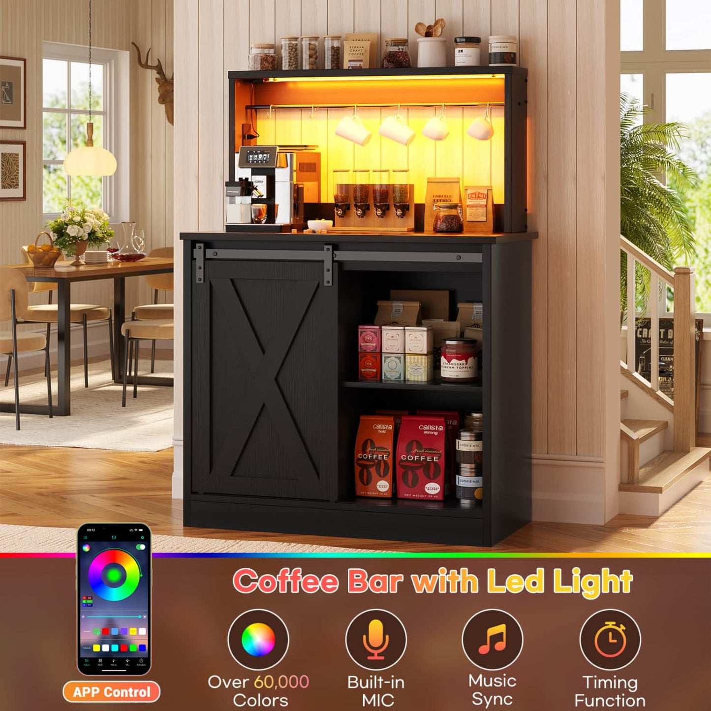 Kitchen Storage Cabinet with Charging Station, Farmhouse Coffee Bar Cabinet with Bar Door