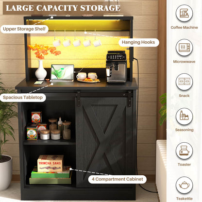 Kitchen Storage Cabinet with Charging Station, Farmhouse Coffee Bar Cabinet with Bar Door