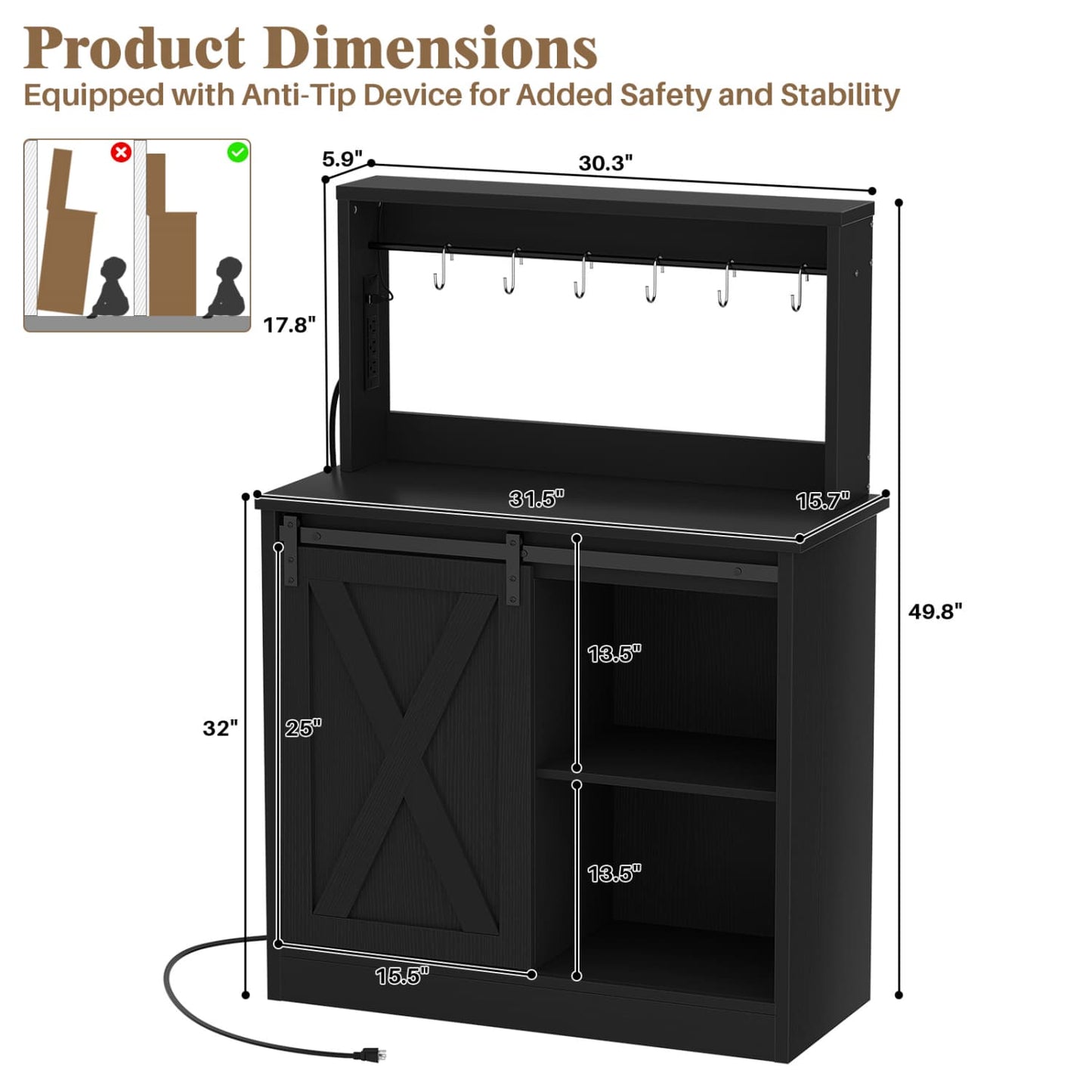 Kitchen Storage Cabinet with Charging Station, Farmhouse Coffee Bar Cabinet with Bar Door