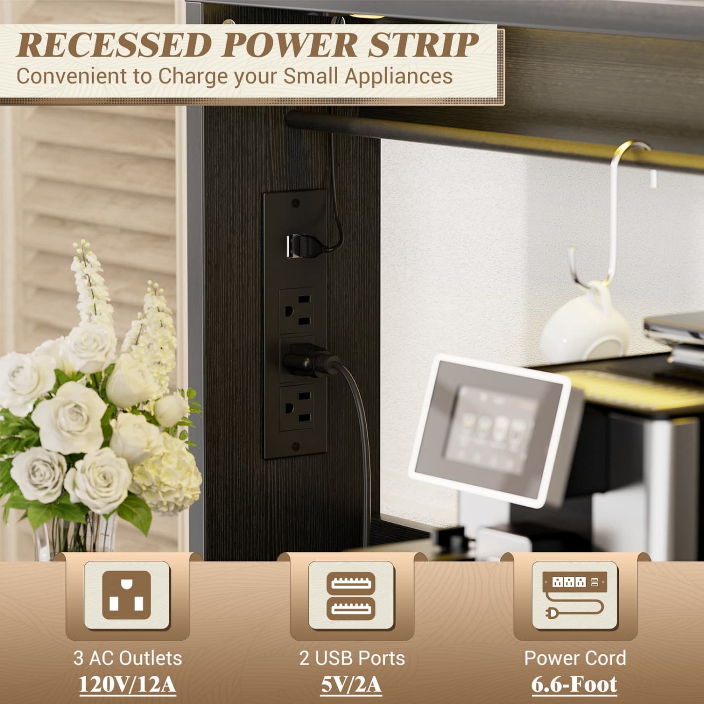 Kitchen Storage Cabinet with Charging Station, Farmhouse Coffee Bar Cabinet with Bar Door