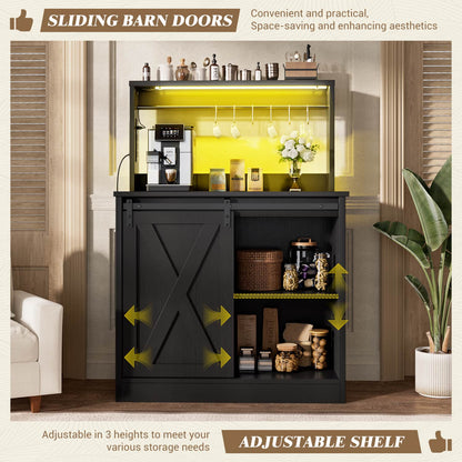Kitchen Storage Cabinet with Charging Station, Farmhouse Coffee Bar Cabinet with Bar Door