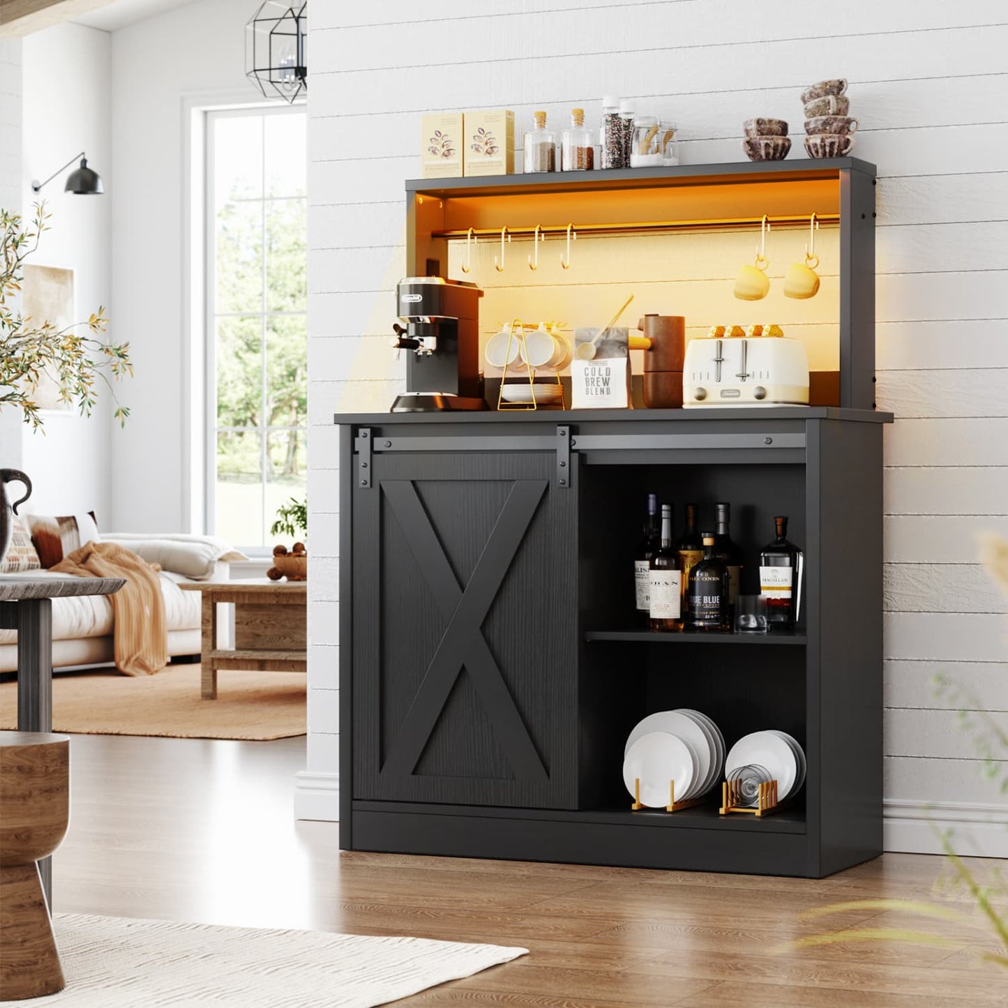 Kitchen Storage Cabinet with Charging Station, Farmhouse Coffee Bar Cabinet with Bar Door