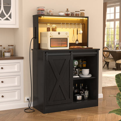 Kitchen Storage Cabinet with Charging Station, Farmhouse Coffee Bar Cabinet with Bar Door