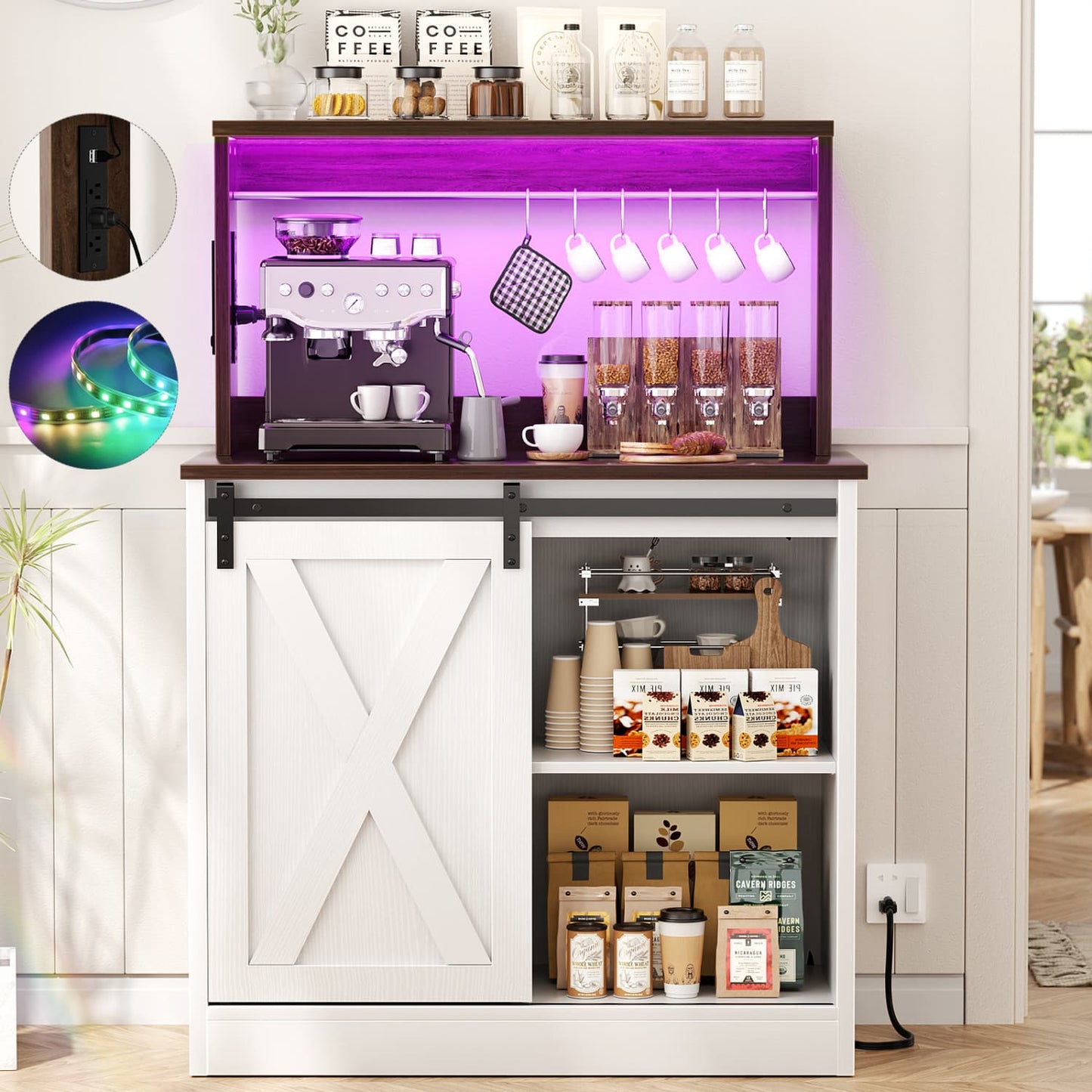 Kitchen Storage Cabinet with Charging Station, Farmhouse Coffee Bar Cabinet with Bar Door