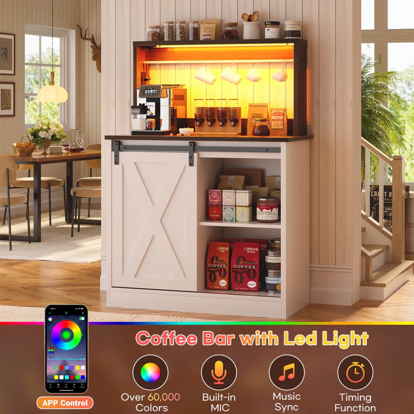 Kitchen Storage Cabinet with Charging Station, Farmhouse Coffee Bar Cabinet with Bar Door