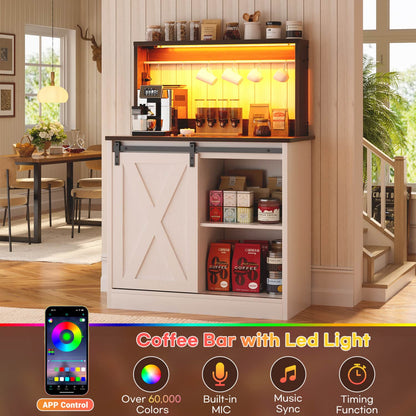 Kitchen Storage Cabinet with Charging Station, Farmhouse Coffee Bar Cabinet with Bar Door