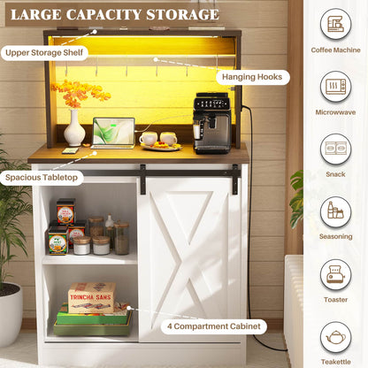 Kitchen Storage Cabinet with Charging Station, Farmhouse Coffee Bar Cabinet with Bar Door