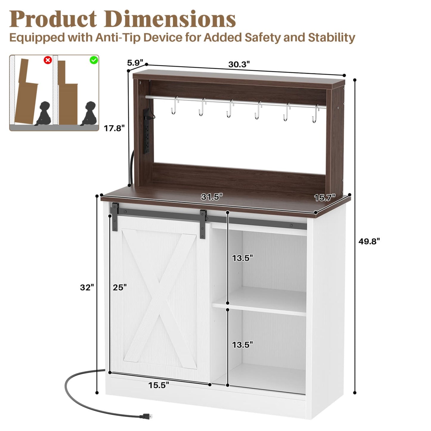 Kitchen Storage Cabinet with Charging Station, Farmhouse Coffee Bar Cabinet with Bar Door