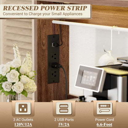 Kitchen Storage Cabinet with Charging Station, Farmhouse Coffee Bar Cabinet with Bar Door