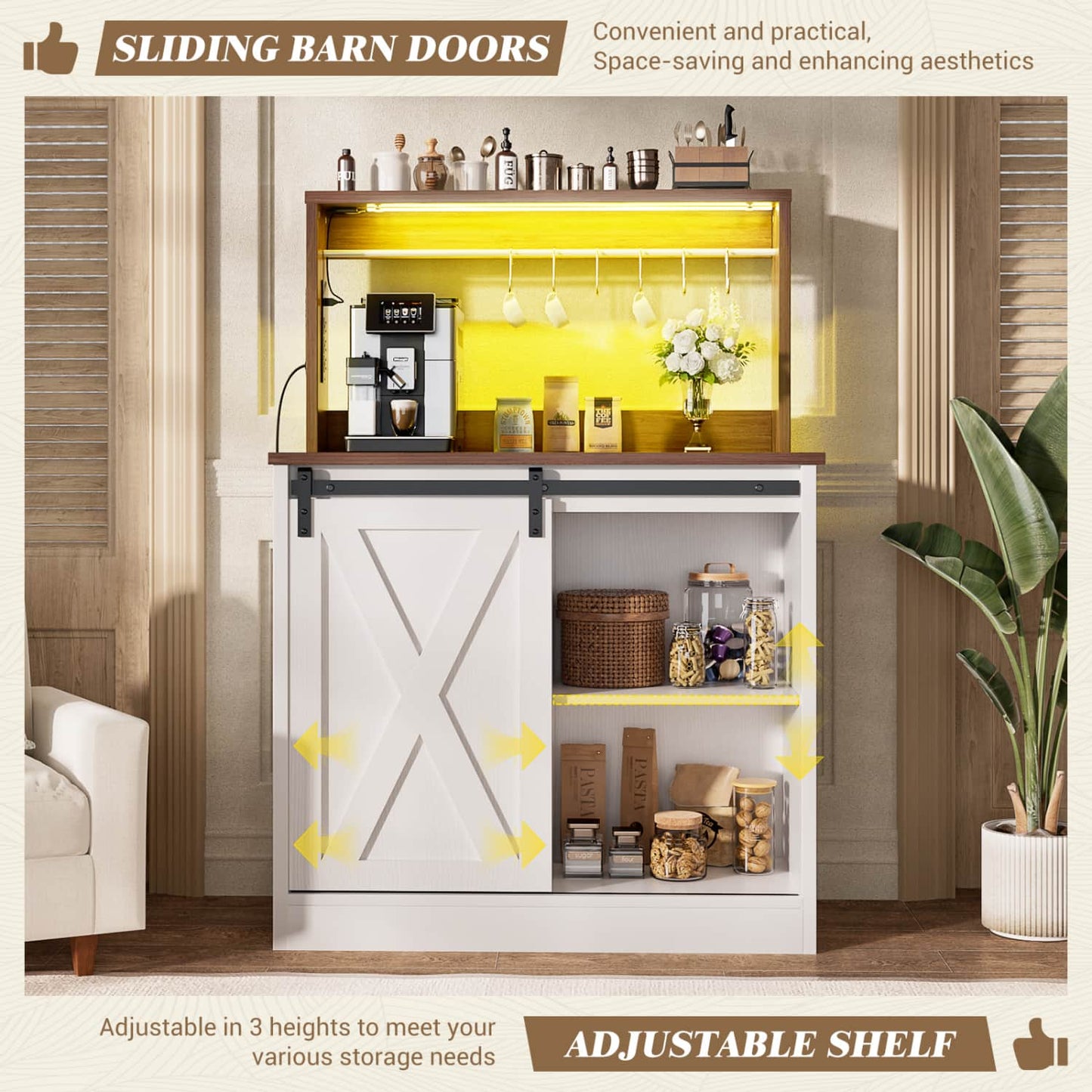 Kitchen Storage Cabinet with Charging Station, Farmhouse Coffee Bar Cabinet with Bar Door
