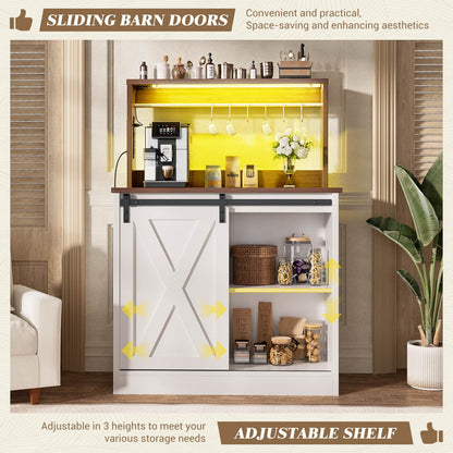 Kitchen Storage Cabinet with Charging Station, Farmhouse Coffee Bar Cabinet with Bar Door