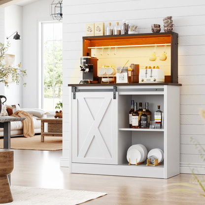 Kitchen Storage Cabinet with Charging Station, Farmhouse Coffee Bar Cabinet with Bar Door