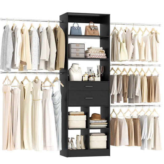 8FT Closet Organizer with Wood Drawers and Cubbies, Adjustable Closet System with 5 Hanging Rods
