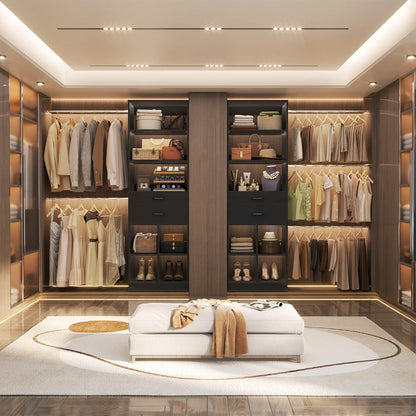 8FT Closet Organizer with Wood Drawers and Cubbies, Adjustable Closet System with 5 Hanging Rods