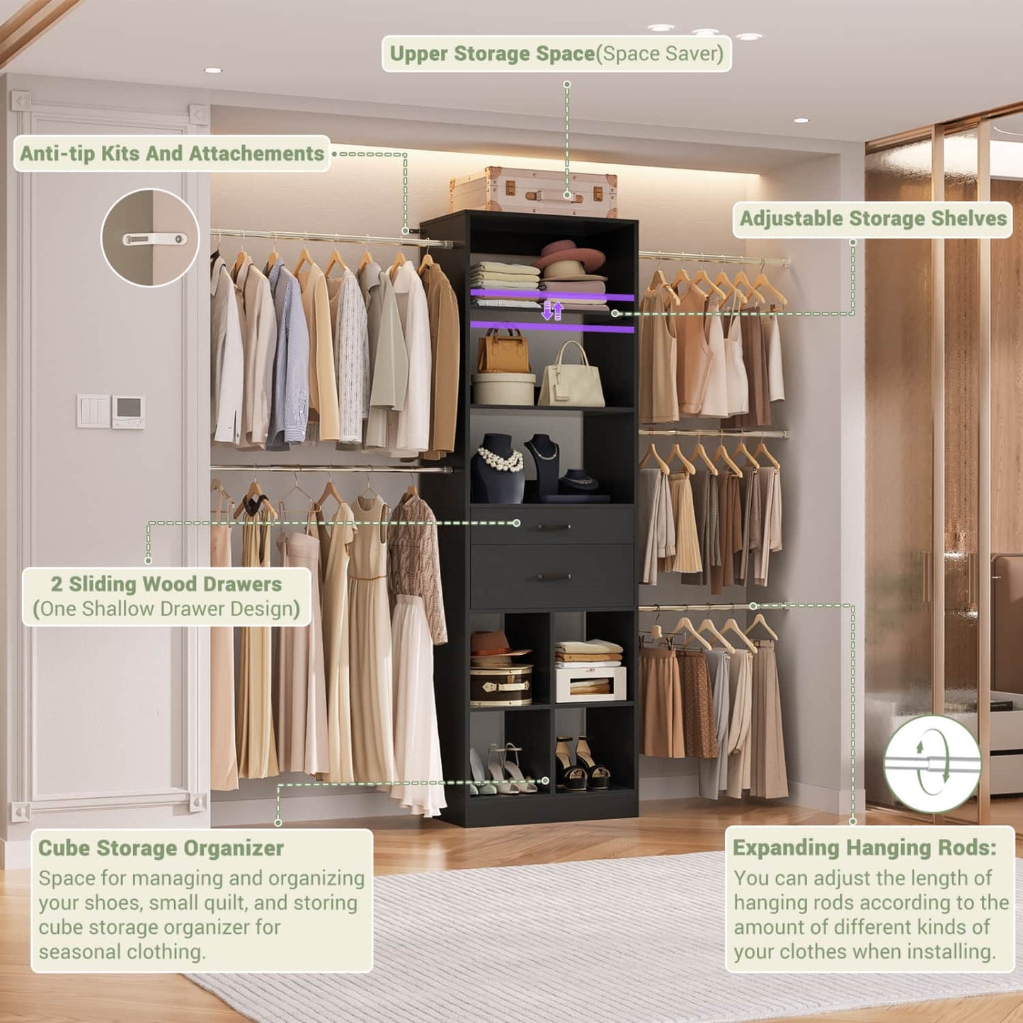 8FT Closet Organizer with Wood Drawers and Cubbies, Adjustable Closet System with 5 Hanging Rods