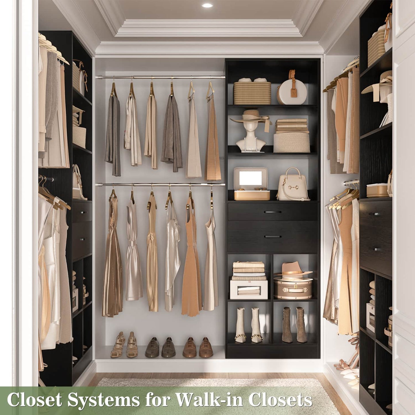8FT Closet Organizer with Wood Drawers and Cubbies, Adjustable Closet System with 5 Hanging Rods
